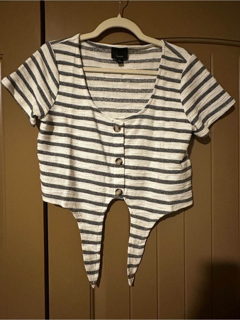 Lumeire Striped Button-Front Crop Top in White & Gray